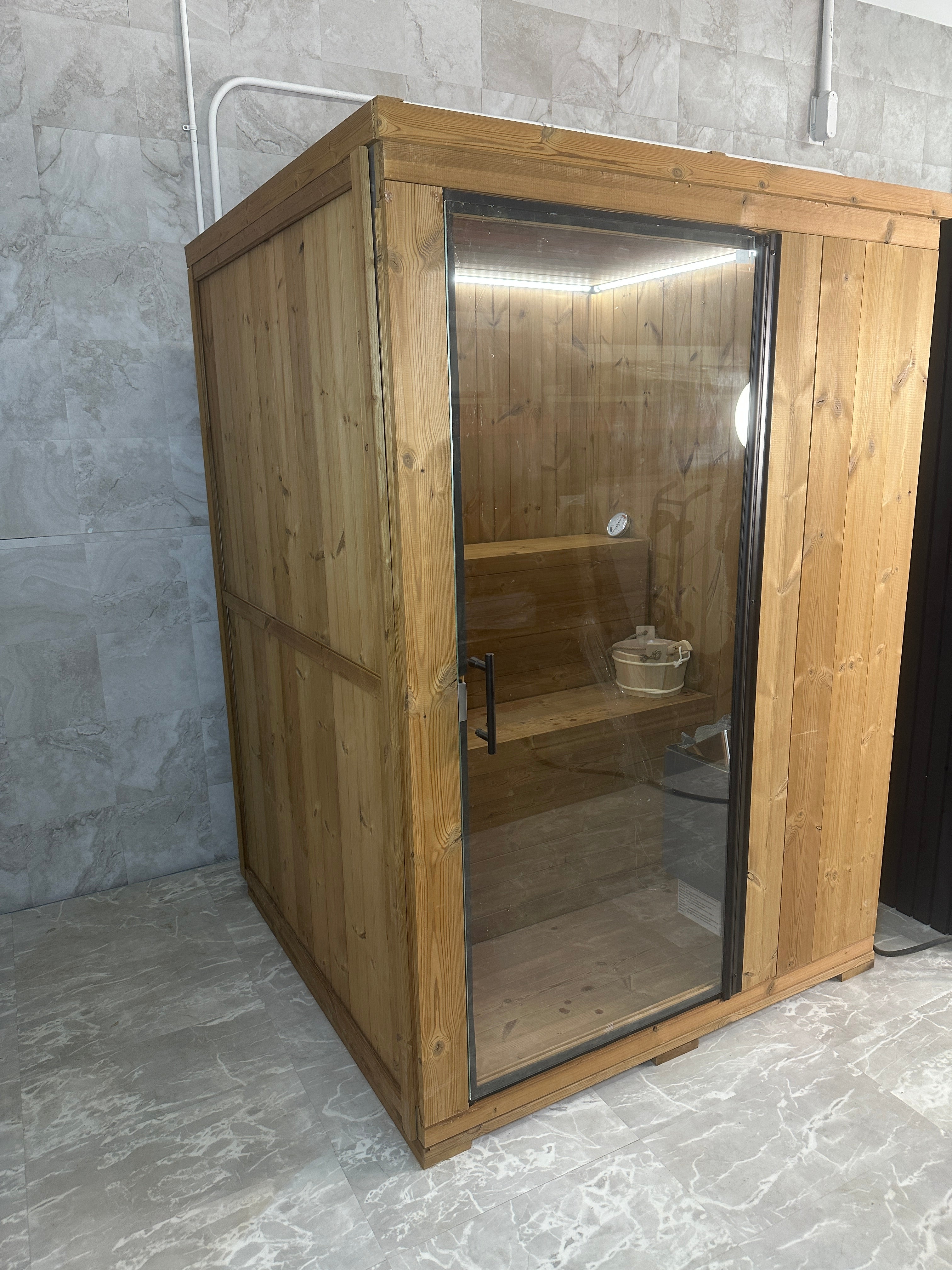 GeyserSteam™ 2 -4 person Indoor & Outdoor Traditional Sauna — Traditional + Infrared + Red Light - Timberline Brown