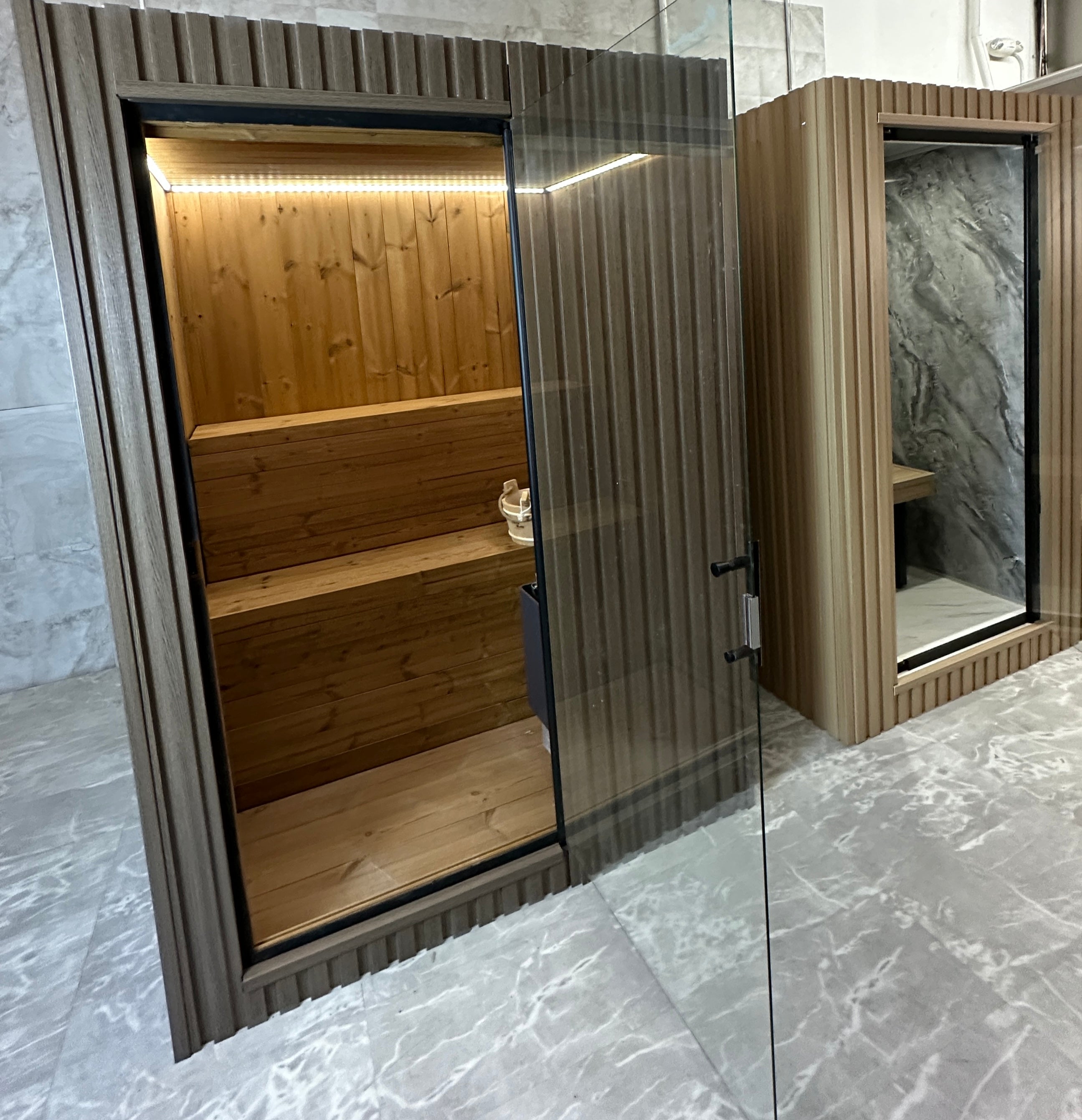 Hekla - 2 -3 person Indoor & Outdoor Traditional Sauna — Traditional + Infrared + Red Light - Monaco Gray