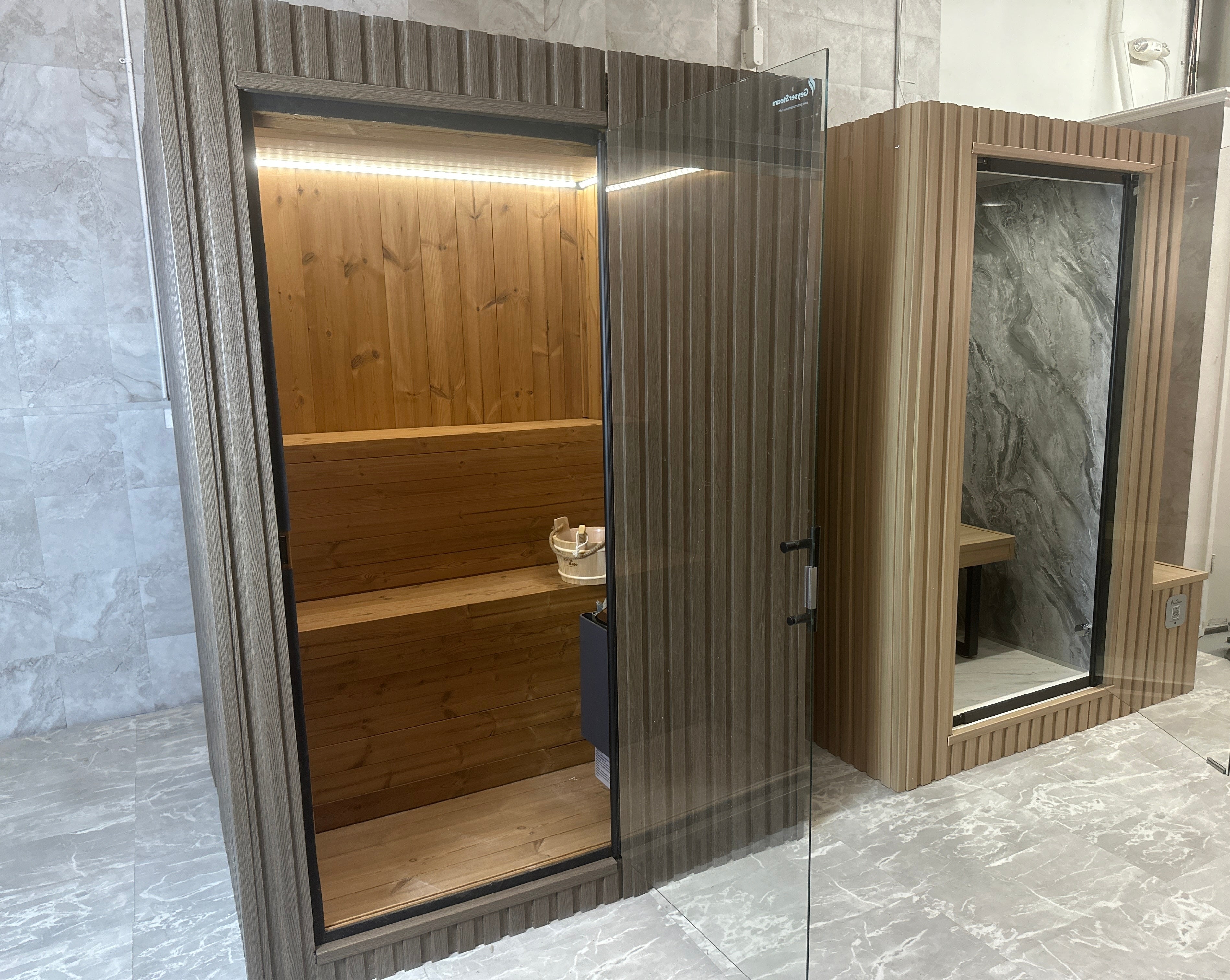 GeyserSteam™ 2 -4 person Indoor & Outdoor Traditional Sauna — Traditional + Infrared + Red Light - Timberline Brown