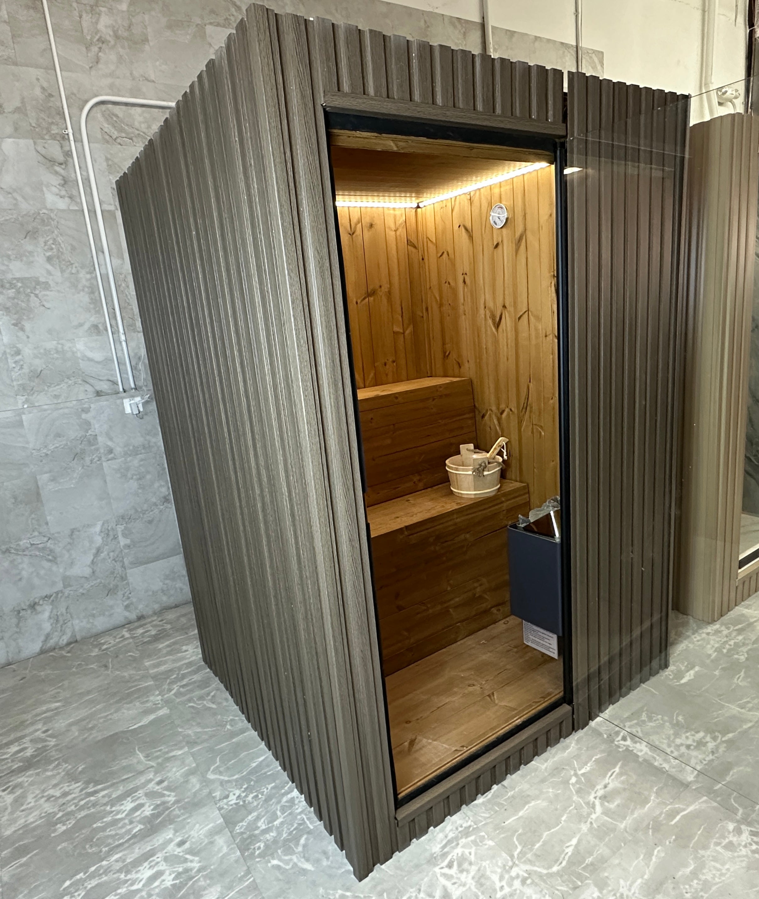 Hekla - 2 -3 person Indoor & Outdoor Traditional Sauna — Traditional + Infrared + Red Light - Monaco Gray