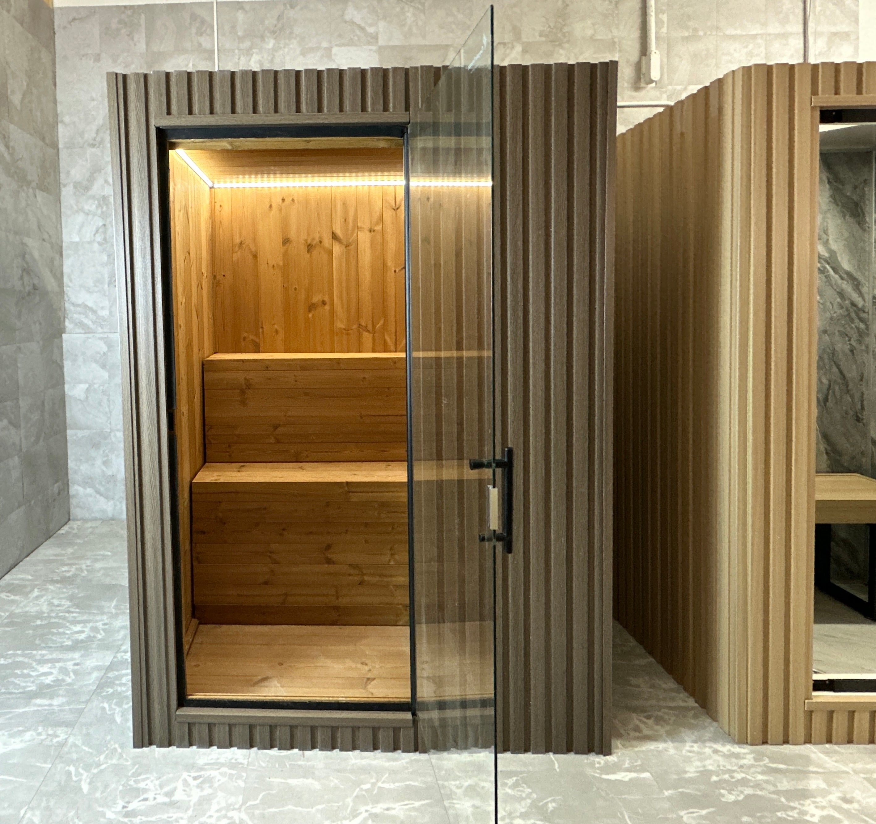 GeyserSteam™ 2 -4 person Indoor & Outdoor Traditional Sauna — Traditional + Infrared + Red Light - Timberline Brown