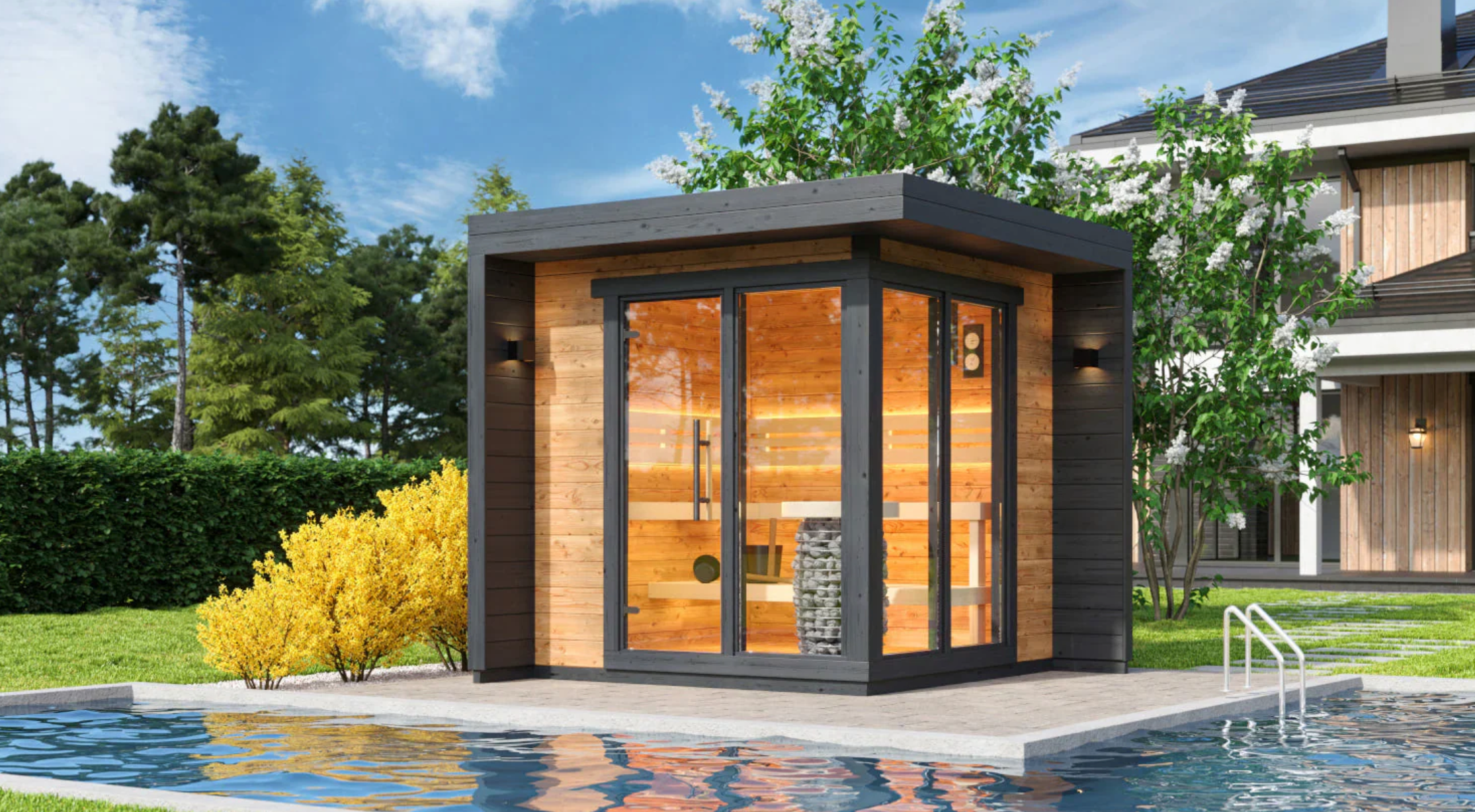 Corner Glass Traditional Outdoor Sauna (6-8 person)