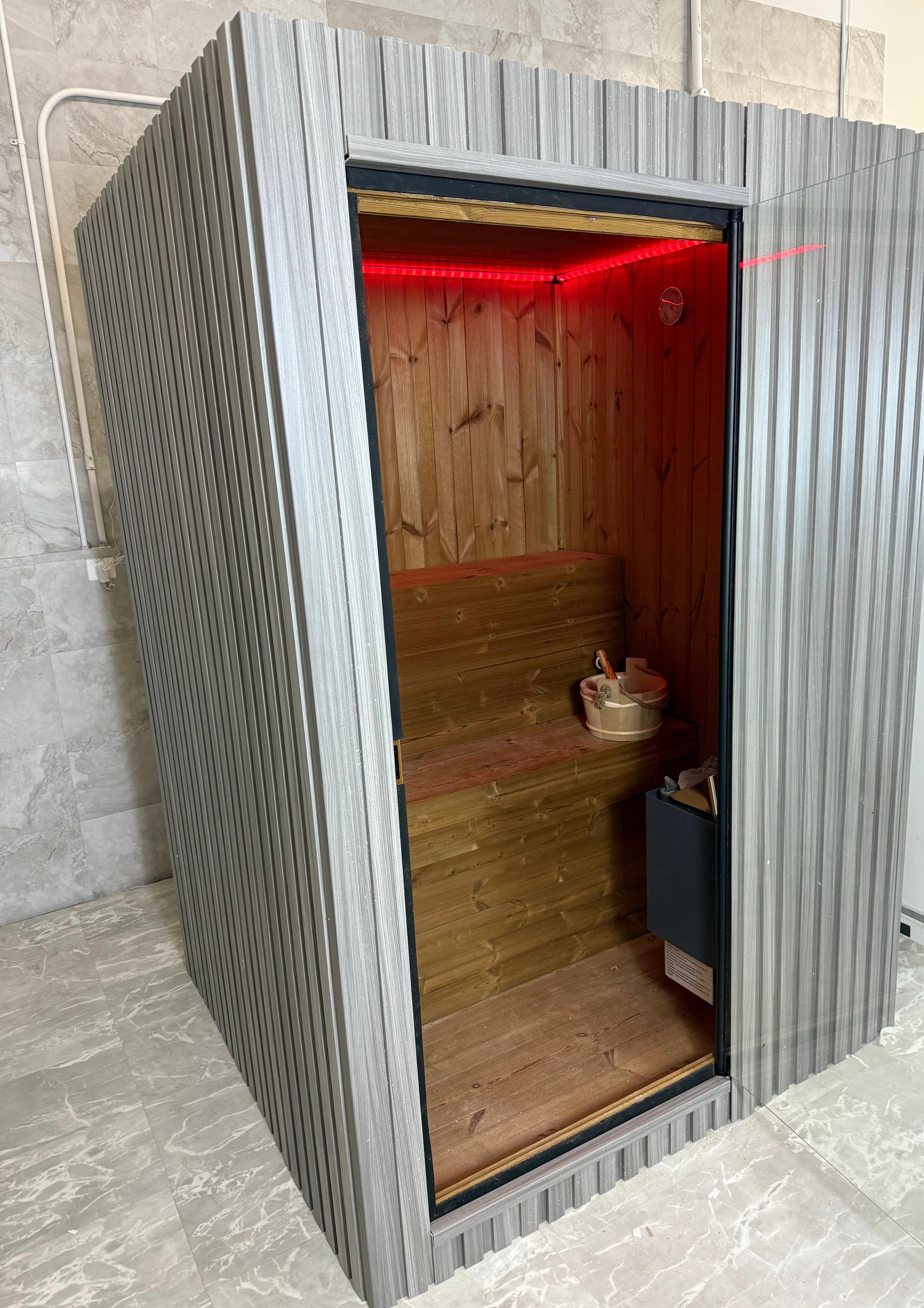 GeyserSteam™ 2 -4 person Indoor & Outdoor Traditional Sauna — Traditional + Infrared + Red Light - Monaco Gray