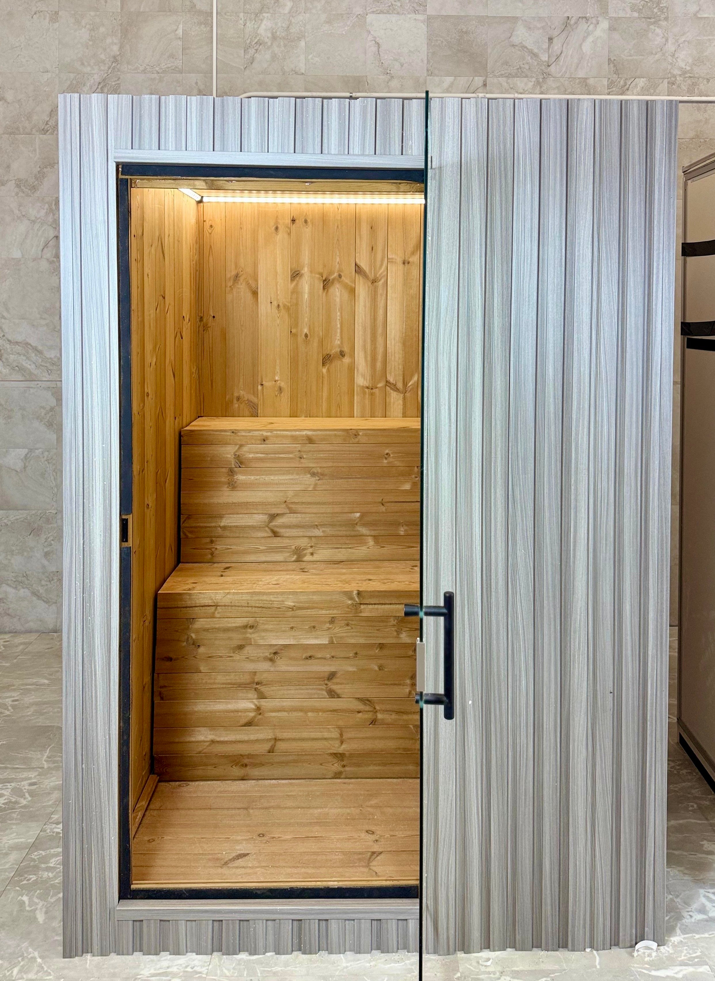 GeyserSteam™ 2 -4 person Indoor & Outdoor Traditional Sauna — Traditional + Infrared + Red Light - Monaco Gray