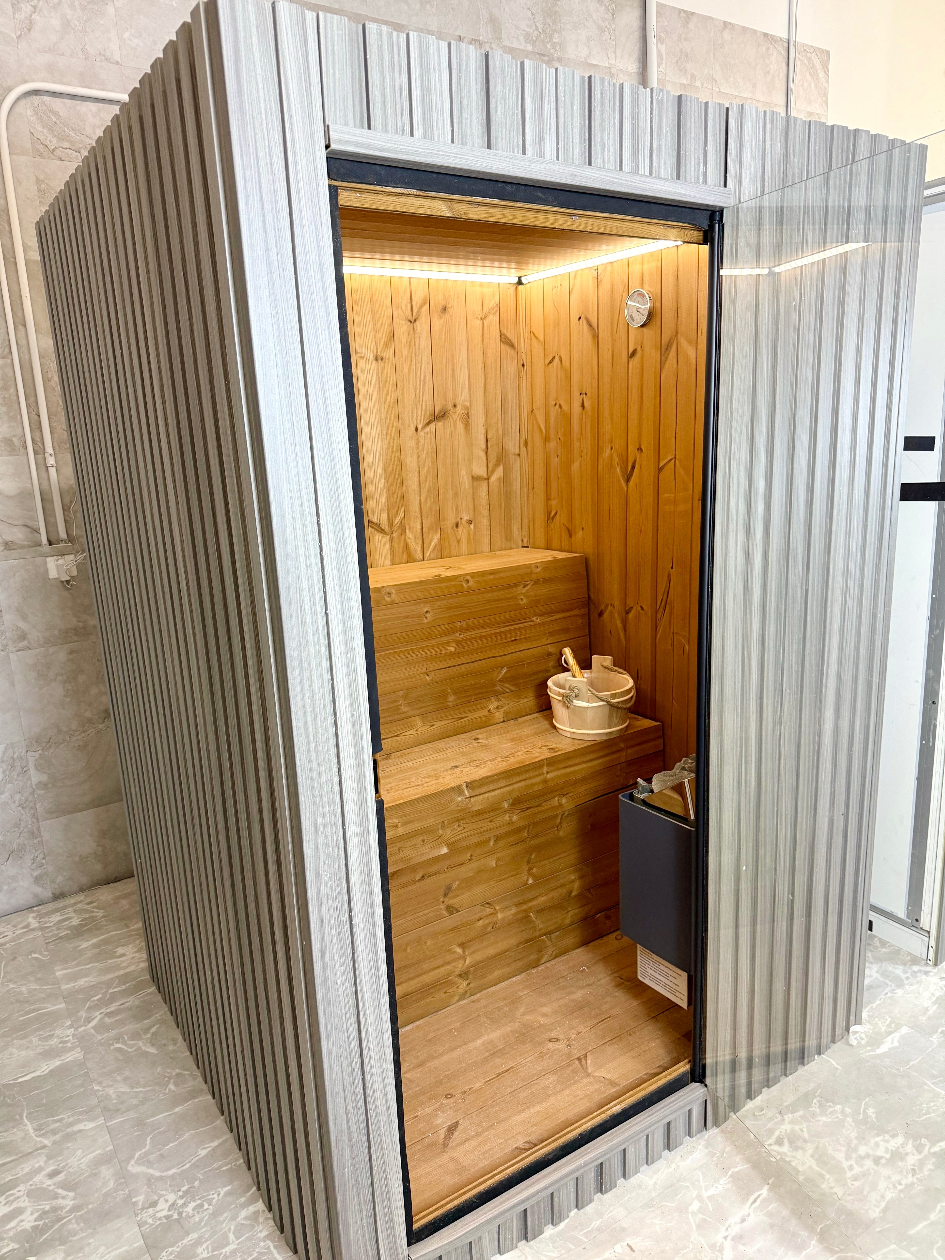 GeyserSteam™ 2 -4 person Indoor & Outdoor Traditional Sauna — Traditional + Infrared + Red Light - Monaco Gray