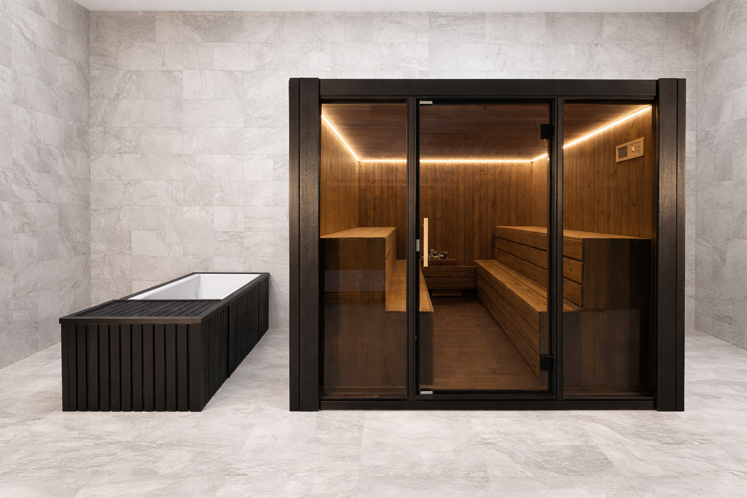 Traditional Sauna (4-6 person) + Cold Plunge - Indoors/ Outdoors - Obsidion Black