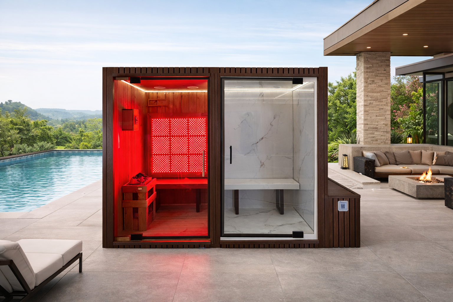 Traditional Sauna and Steam Room Dual Cabin - 2 person - Indoors / Outdoors
